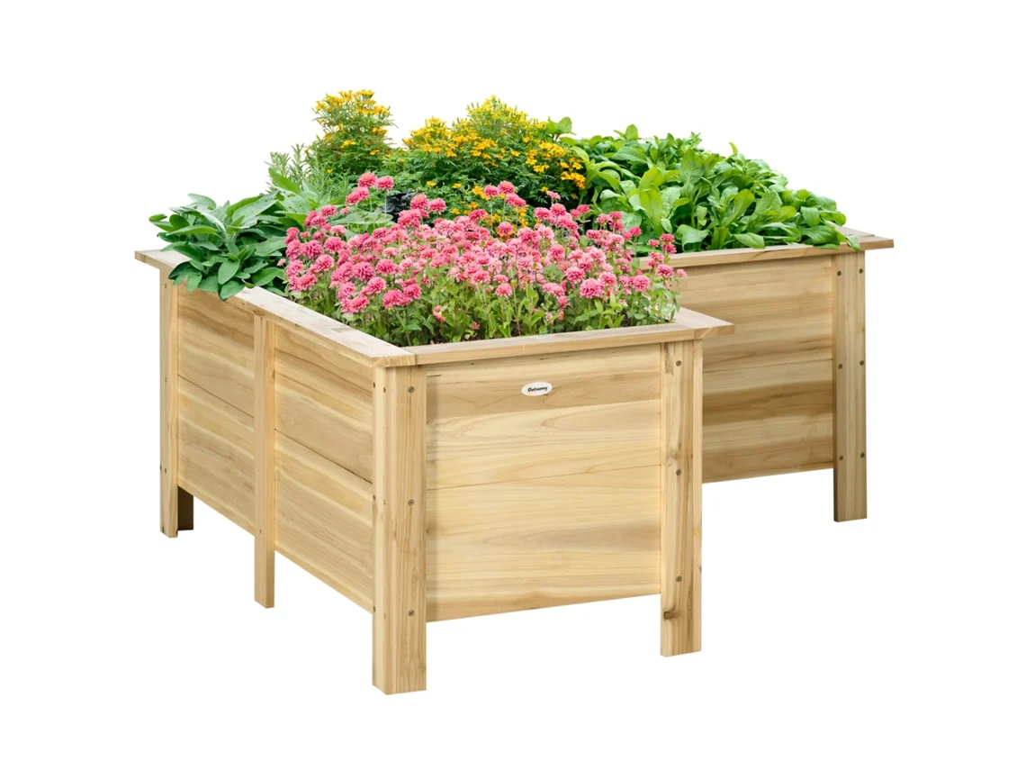 Vaso de Madeira Elevado Vaso Externo em Formato de L com Tecido Não Tecido Jardim Urbano 120x120x50 Cm Natural Ge