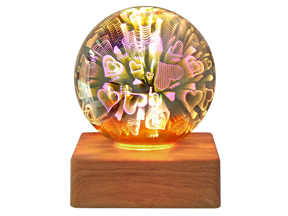 Luz Noturna Bola De Cristal Com Base De Madeira E Led 3d