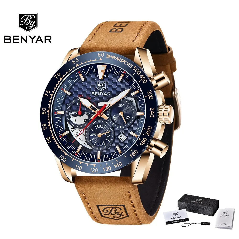 Relógio Masculino (dourado E Azul) Com Pulseira De Couro Genuíno, Cronógrafo Esportivo De Luxo À Prova D'água.