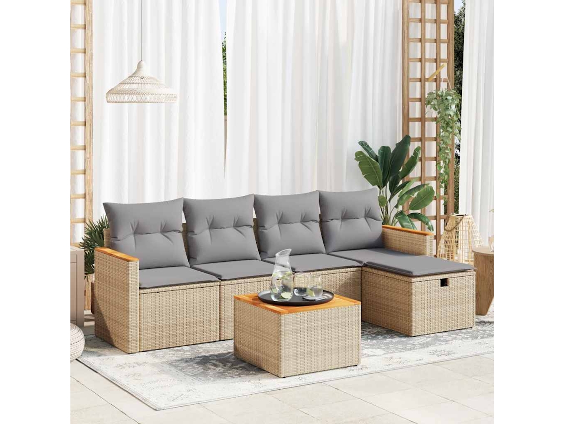 Vidaxl 6 Pcs Conjunto De Sofás P/ Jardim Com Almofadões Vime Pe Bege