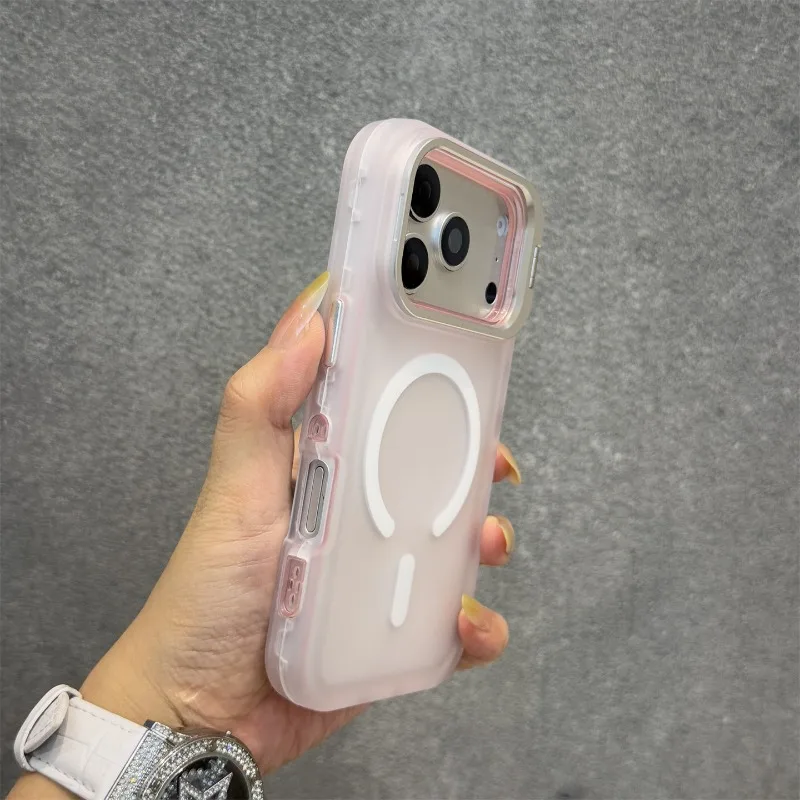 Capa Magnética Para Celular Com Suporte Para Lente (iphone 15 Pro Max Rosa), Acabamento Fosco, Resistente A Impactos.