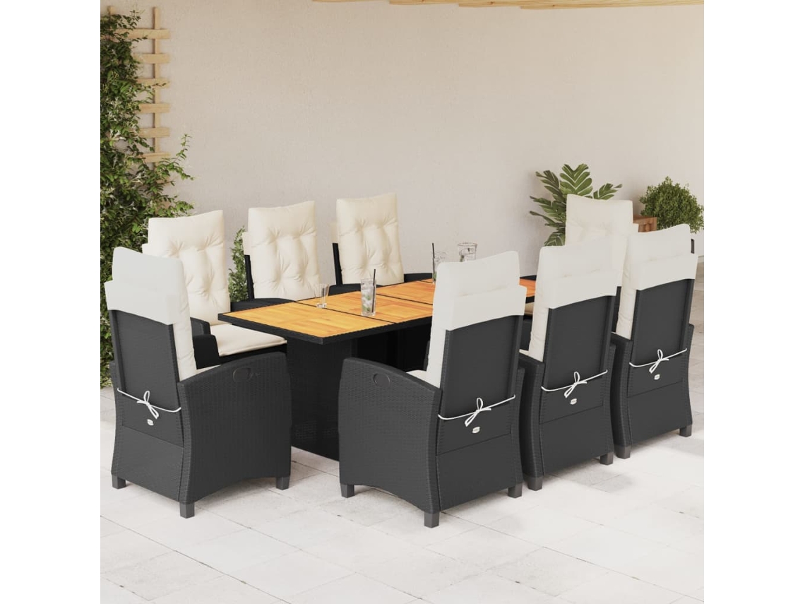 Conjunto 9 Peças Jantar P/ Jardim C/ Almofadões Vime Pe Preto Dkd Home Decor