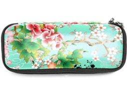 Porta-lápis grande com estampa floral oriental verde, design retrô, ideal para escola, mesa e adultos.