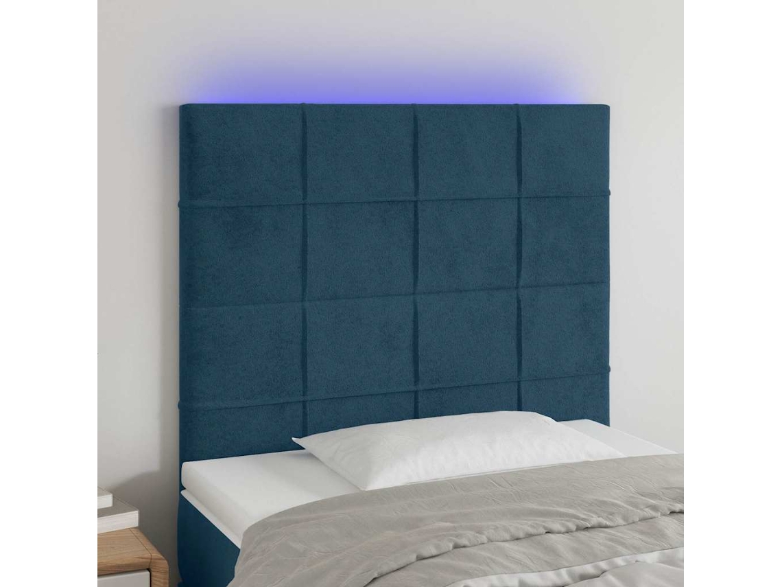 Vidaxl Cabeceira Cama C/ Luzes Led Veludo 100x5x118/128cm Azul-escuro