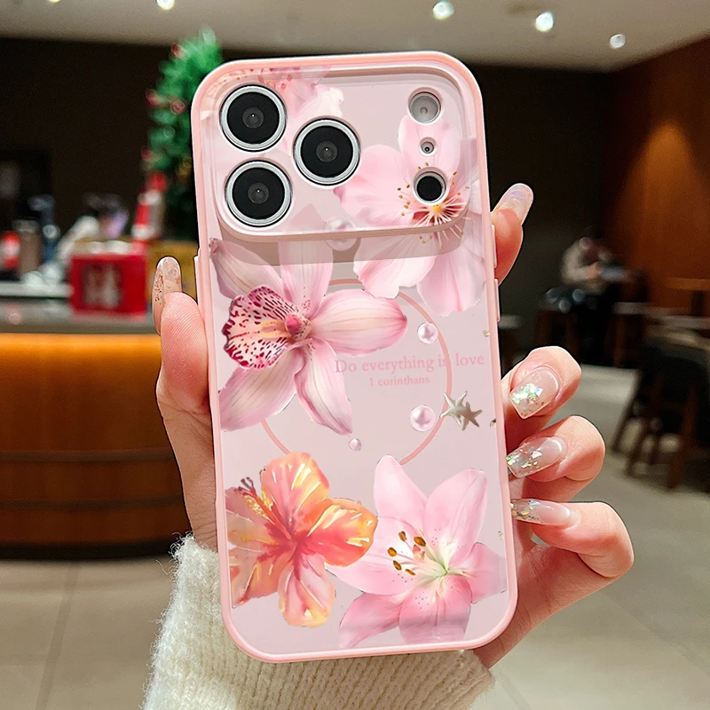 Capa Magnética Para Iphone 13 Com Estampa Floral Realista (rosa), Resistente A Impactos.