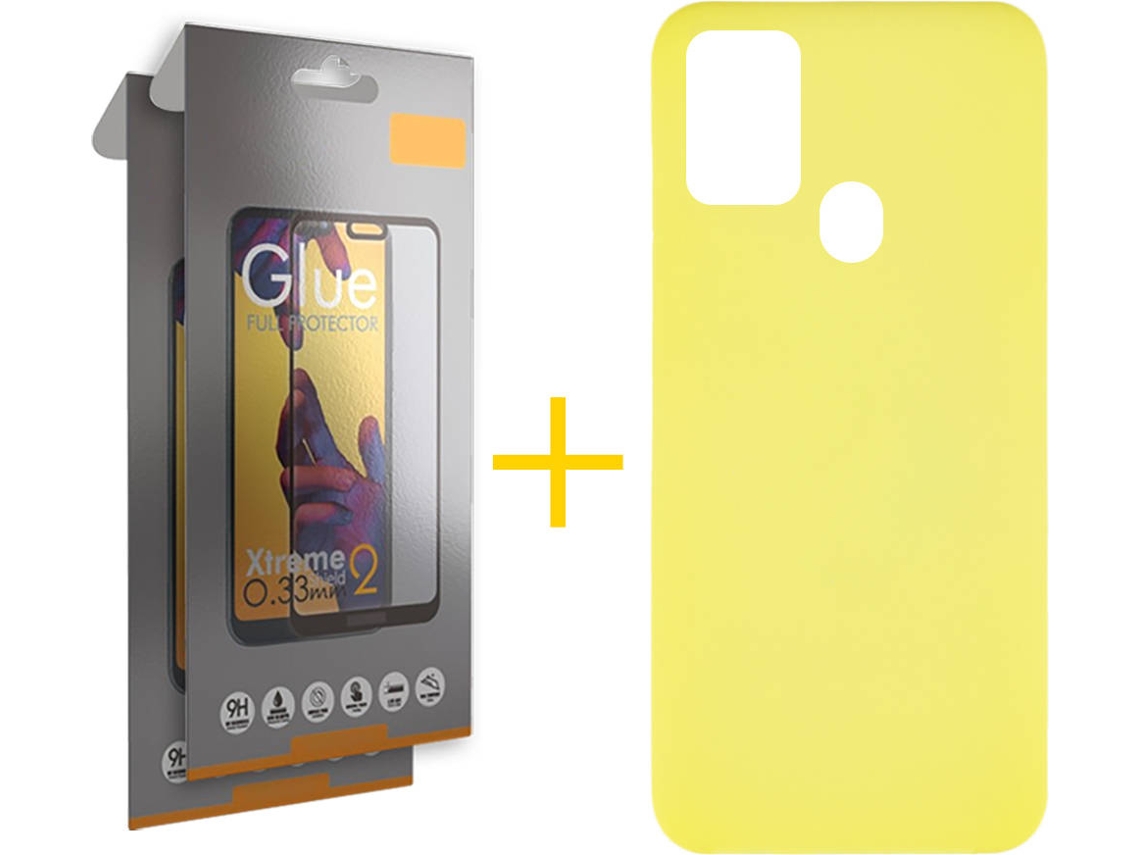 Capa e 2 x Película de Vidro Full Samsung Galaxy A21s SKYHE Silicone Líquido Amarelo
