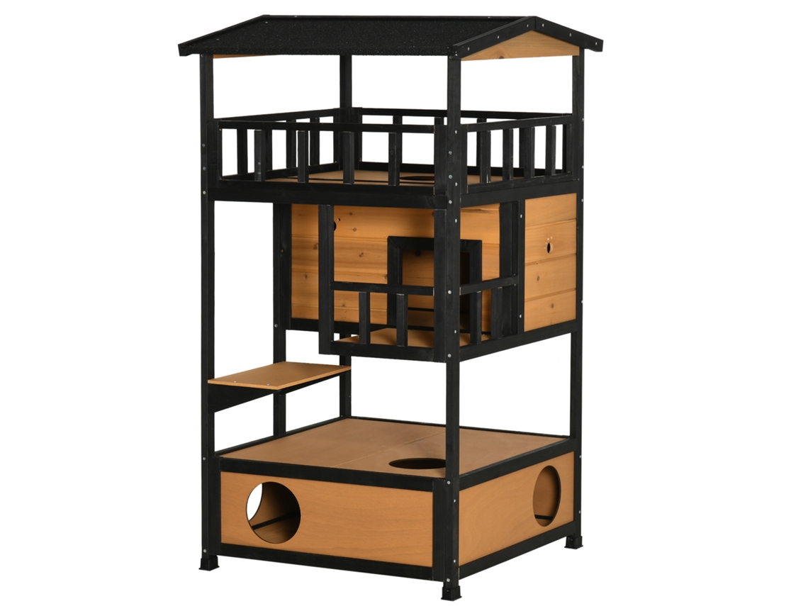Casa para gatos de madeira 75,5x75x137cm com telhado asfáltico, plataformas, ninho natural S/MARCA