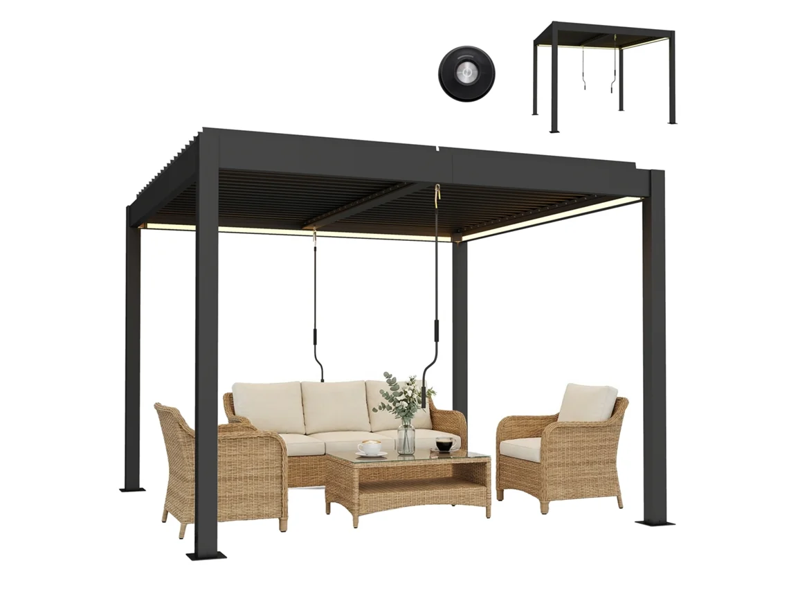 Pérgola De Alumínio 3x3 M Com Cobertura Para Pátio, Iluminação Led, Controle Remoto E Venezianas Ajustáveis.