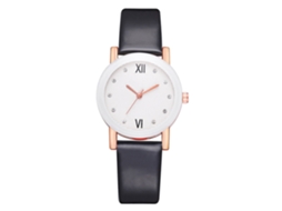 Relógio de Pulso Feminino Casual de Quartzo com Strass Pulseira de Couro Pu Simples Redondo Preto