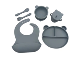 Conjunto 6 Peças Louça De Bebé Silicone Cinza Escuro: Prato, Tigela, Copo, Babete, Talheres, Antiaderente, Bpa-free Para Blw