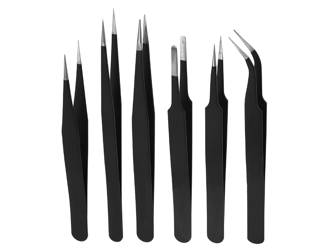 Conjunto de Pinças de Aço Preto com Boca Plana e Curva para Reparo de Relógio e Telefone Móvel
