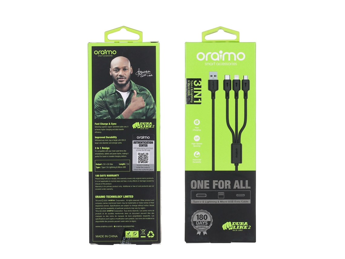 Aetheria oraimo Ocd x92 Cabo de Carregamento Rápido 3 em 1 Lightning/type c/micro Usb 5v2a 1m