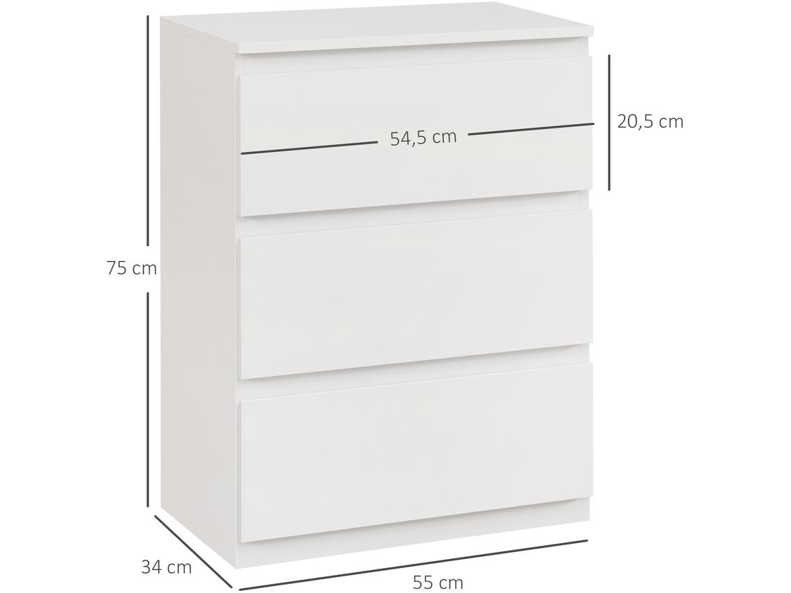 Cómoda com 3 Gavetas Melamina de Madeira Cor Branco de Alto Brilho 55x34x75 cm Homcom