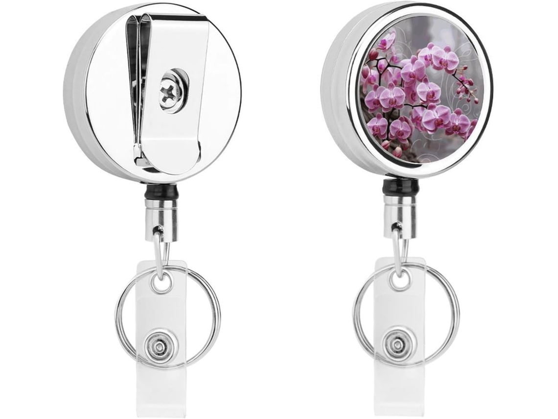 Chaveiro Retrátil Redondo Com Orquídea Rosa, Em Aço Inoxidável, Cordão De Nylon Resistente, Clipe Cinto E Argola