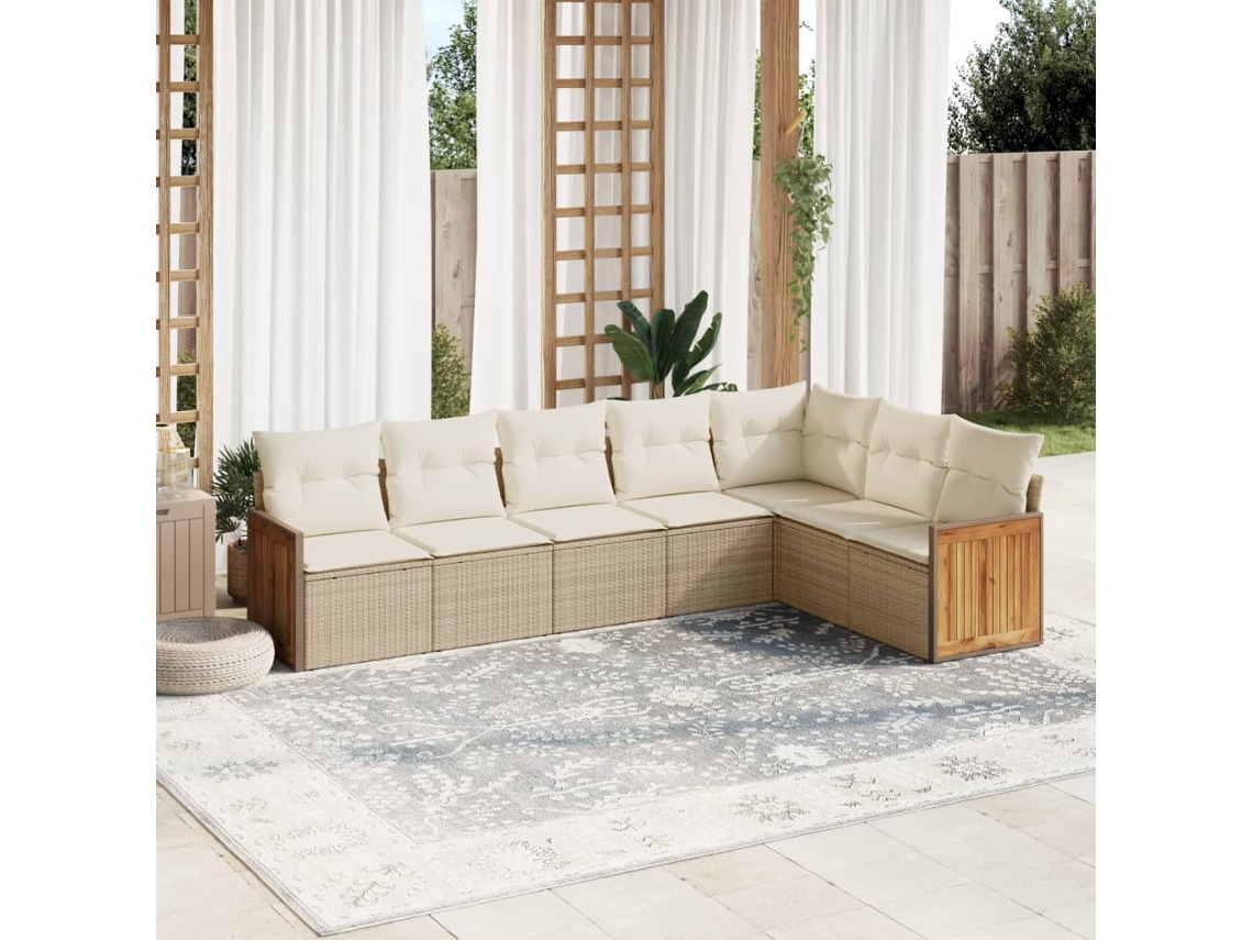Vidaxl 7 Pcs Conjunto De Sofás P/ Jardim Com Almofadões Vime Pe Bege