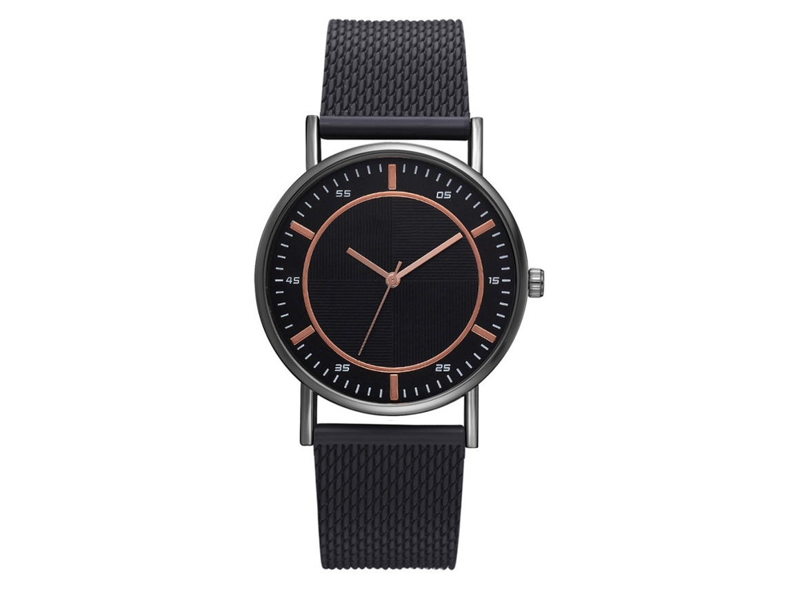 Relógio Feminino de Quartzo Elegante com Pulseira de Silicon Fanteeda (preto+ouro Rosa)