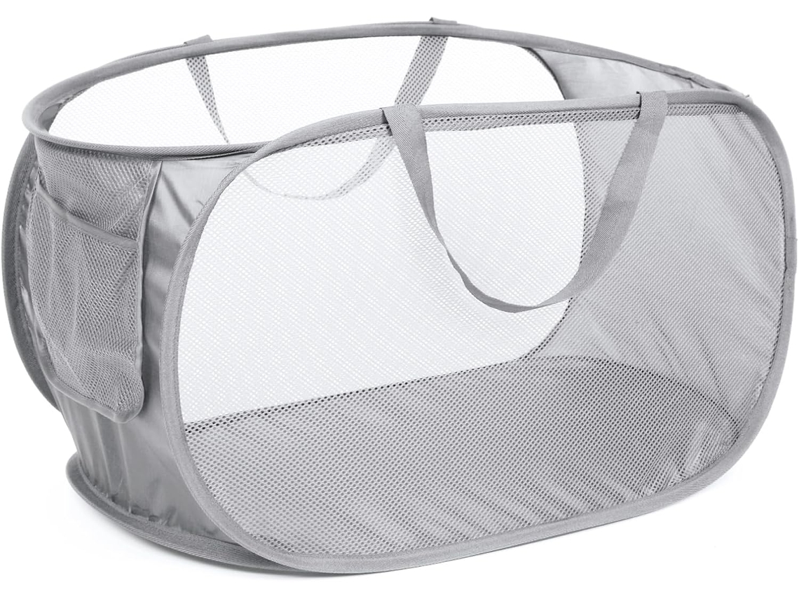 Cesto De Roupa Dobrável Em Tela Com Bolso Prático, Dobrável Com Alças Reforçadas Para Transporte No Banheiro
