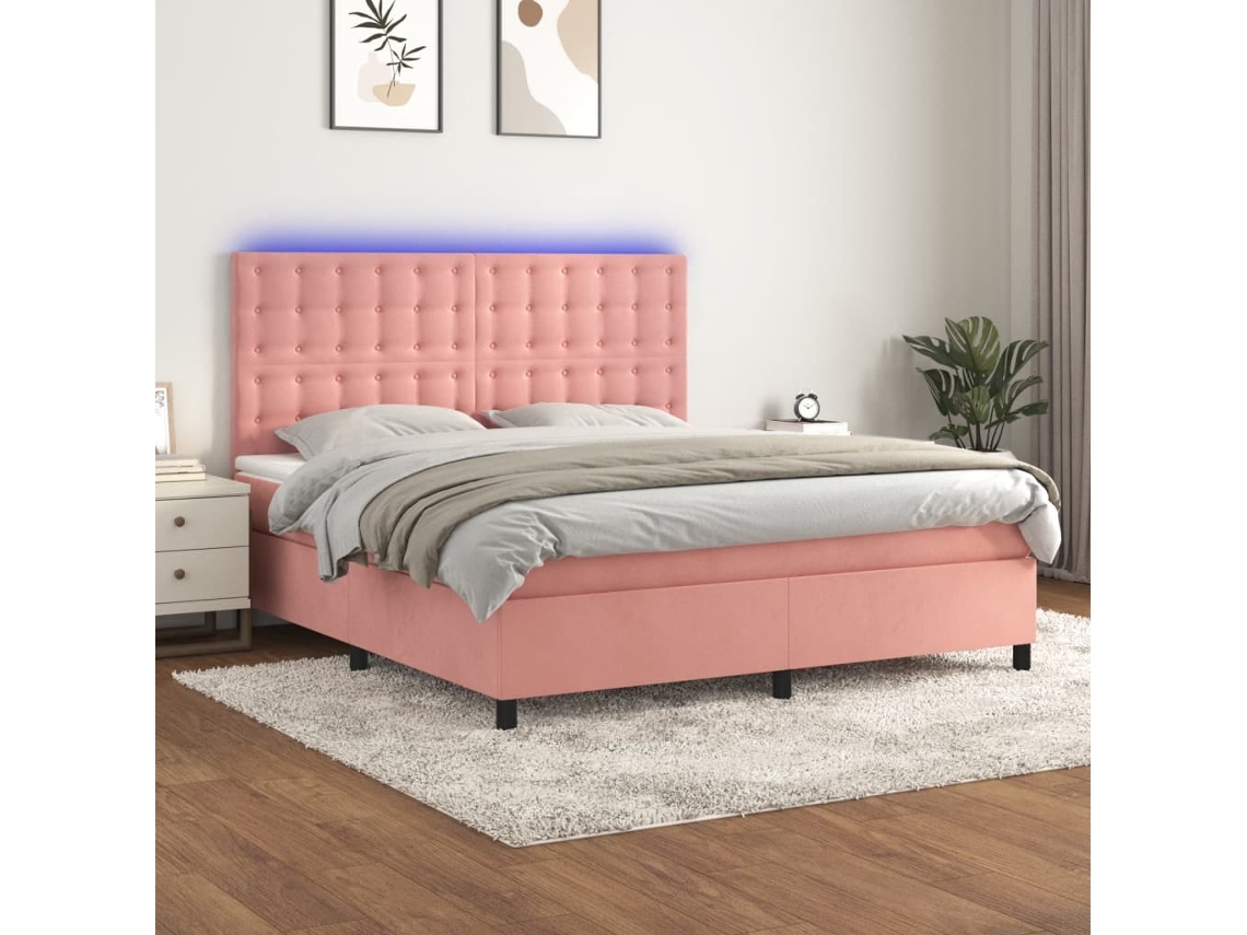 Vidaxl Cama Box Spring C/ Colchão/led 160x200 Cm Veludo Rosa