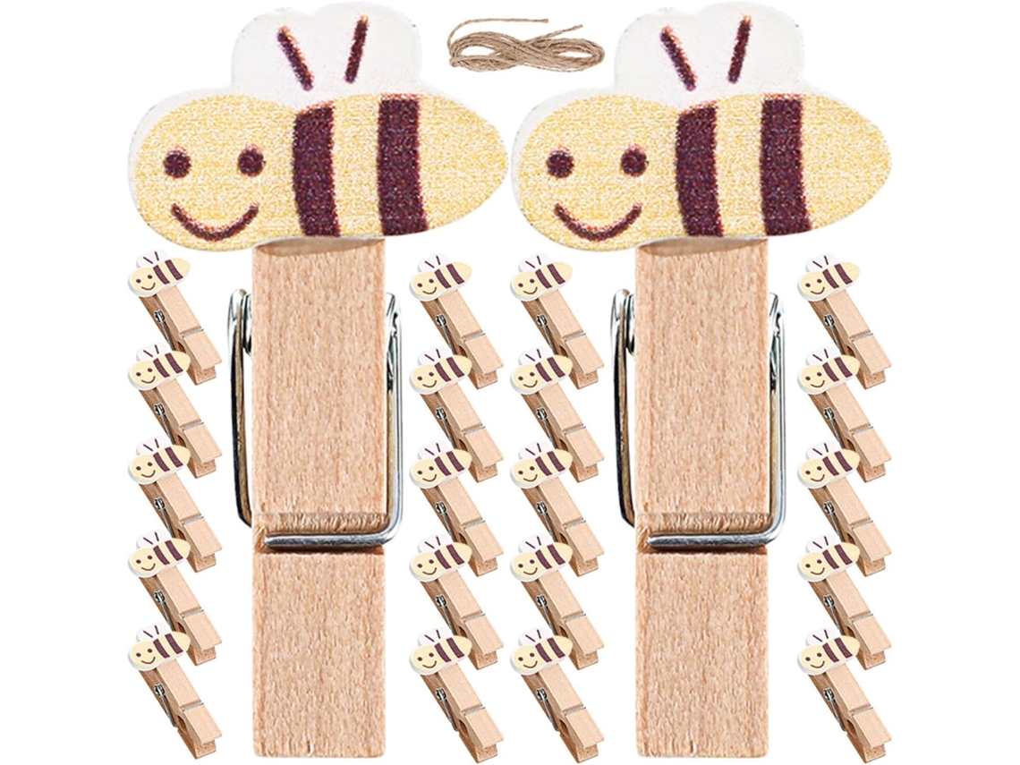 Conjunto 100 Prendedores Roupa Decorativos Madeira Natural Formato Abelha Pequenos Clipes Multiuso Fotos GOKOCO