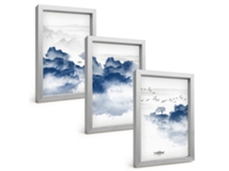 Composição De Quadros Na Paredemontanhas Nuvens Árvores Pássaros Moldura Prateada Quadros Para A Sala De Estar Espelharte (3 Peças 20x30 Cm)