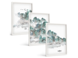 Conjunto De Pinturas Montanhas Nuvens Pássaros Barco Japão Espelharte (3 Peças 40x60 Cm)