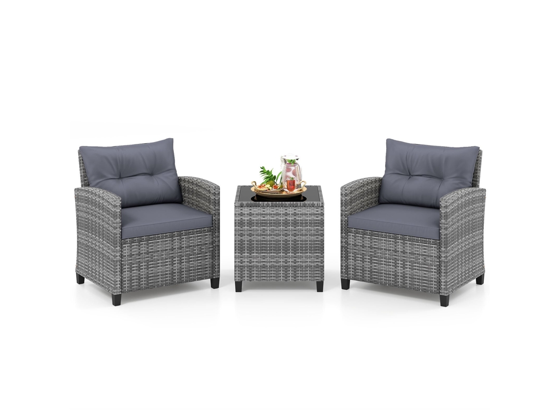 Conjunto De Jardim Em Rattan Com 3 Peças, Almofadas E Mesa De Vidro
