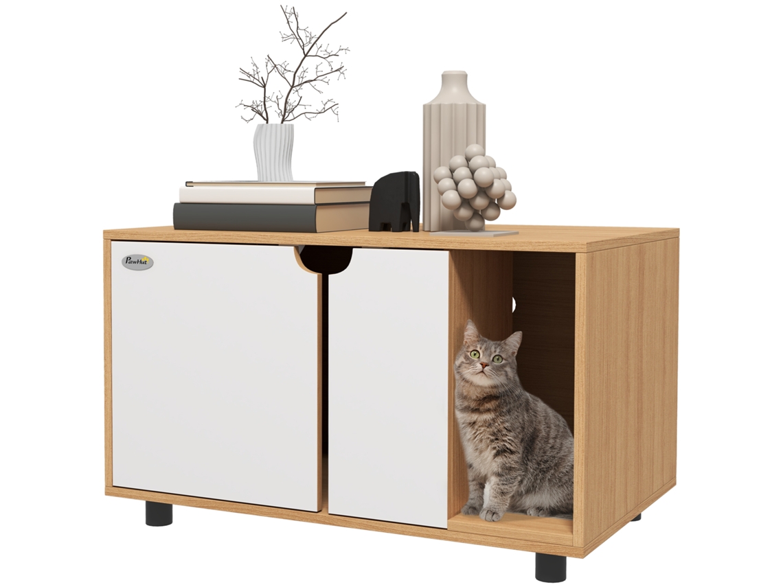 Meuble À Litière Maison De Toilette Sur Pieds Pour Chat 2 En 1 Portes Style Scandinave 80 X 48 X 48 Cm Naturel Et Blanc