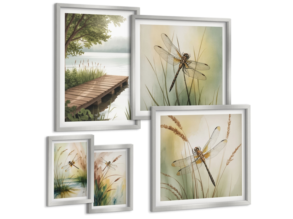 Conjunto De Pinturas Paisagens Tranquilas De Libélulas Espelharte (5 Peças)