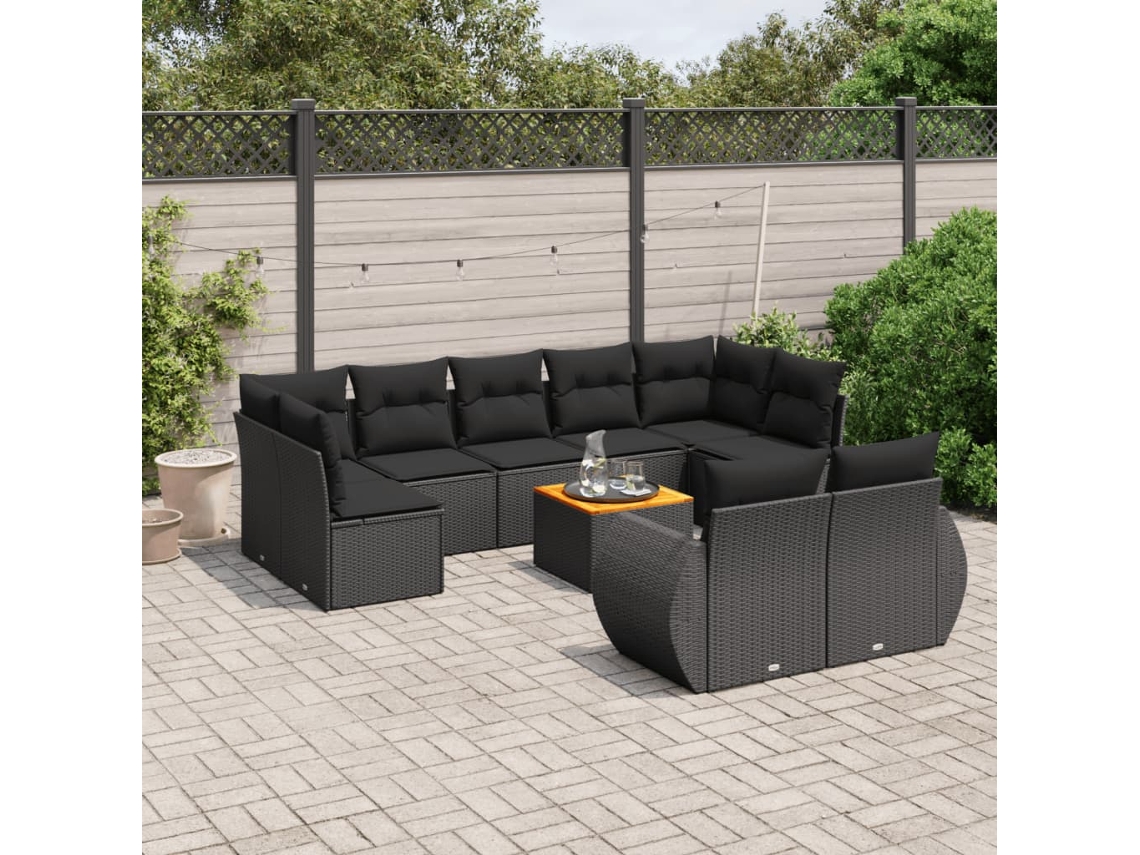 Vidaxl 10 Pcs Conjunto Sofás De Jardim C/ Almofadões Vime Pe Preto