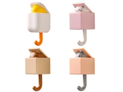2026 4 Ganchos Adhesivos de Parede com Design de Mascotas Animadas para Abrigos, Bufandas, Chapéus, Toalhas e Bolsas