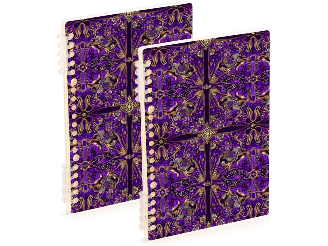 Conjunto de 2 Cadernos Espiral A5, Estampa Floral Vintage, Roxo Escuro e Dourado, 21,1 X 14,5 Cm, Resistentes