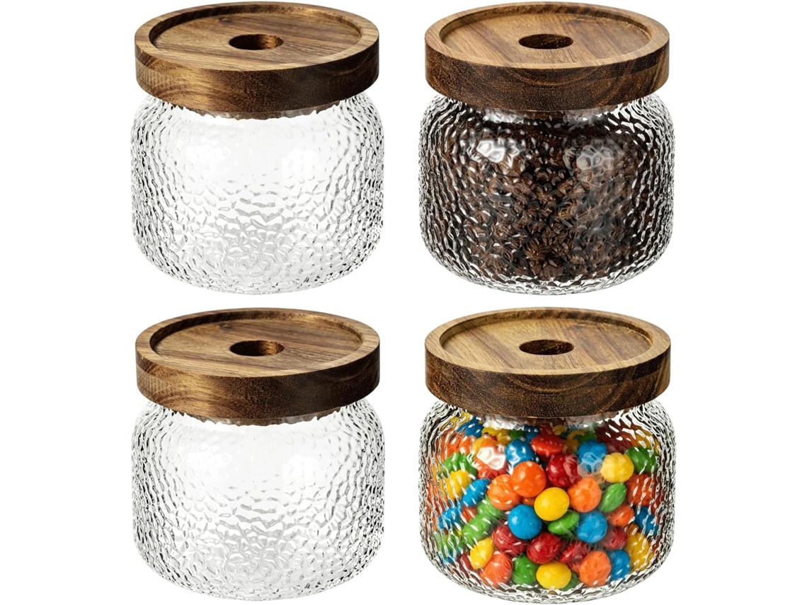 Conjunto De 4-potes Vidro Temperado Com Tampas Madeira, Pequenos Recipientes De 296ml, Transparentes E Martelados