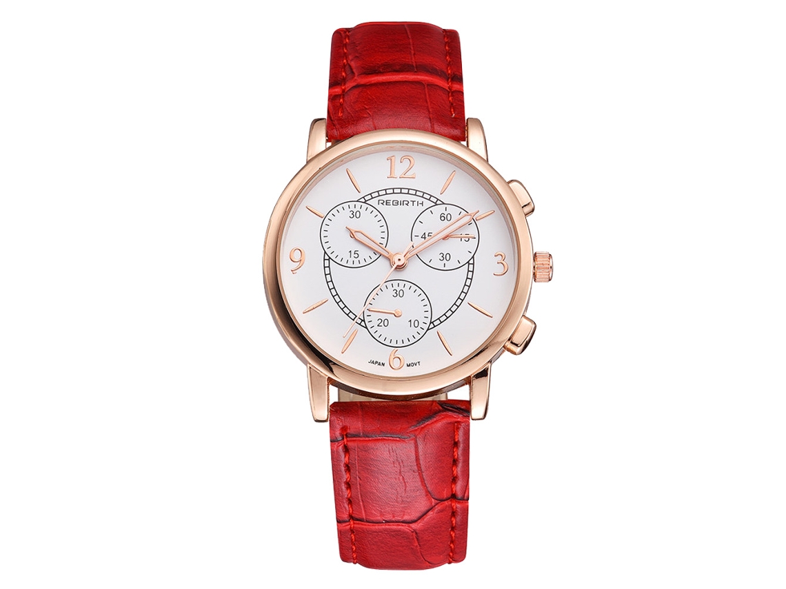 Relógio Analógico de Quartzo com Pulseira de Couro Pu Redondo Rebirth Alliage Aço Inox Vermelho