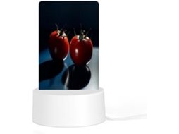 Luminária Noturna De Led Em Acrílico Com Base Plástica Encaixável, Com Estampa De Tomates Sobre A Mesa Possui Iluminação