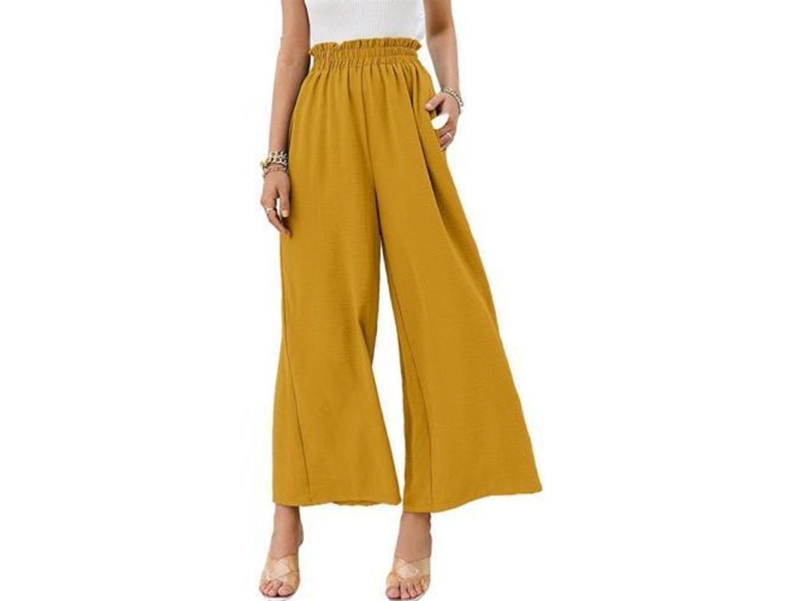 2026 calças Largas de Cintura Alta Boho para Mulher com Fluxo e Comprimento Maxi M Amarillo