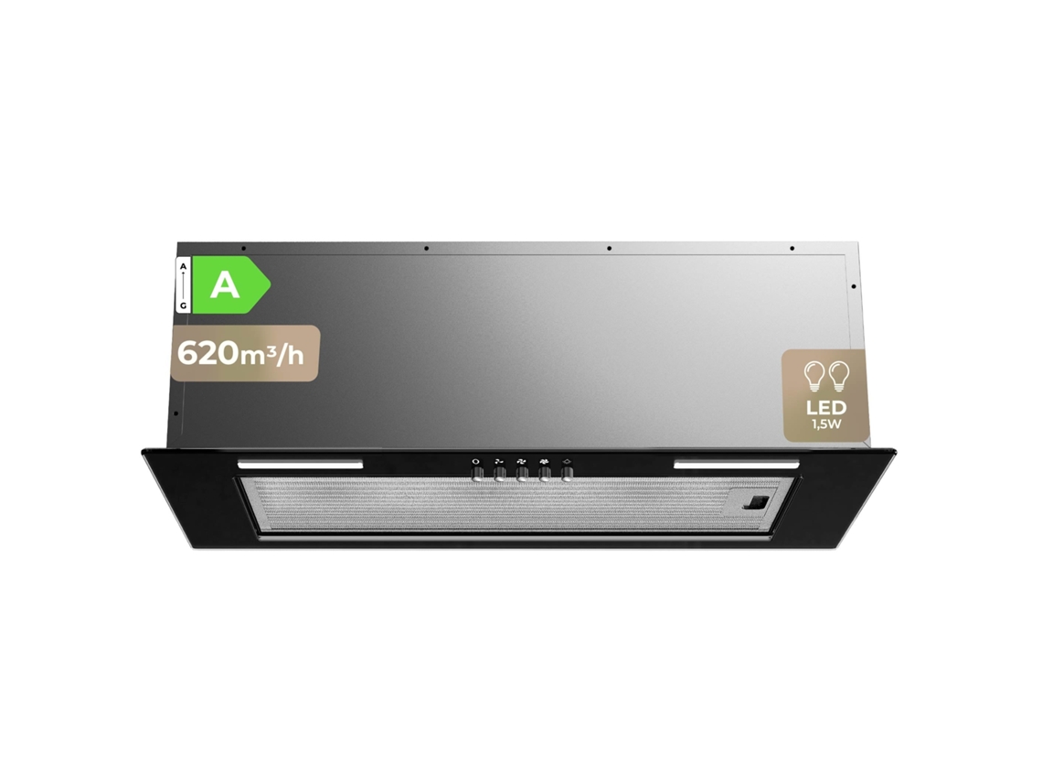 Evvo Exaustor Integrado Cei 50 Black, 52 Cm, 620 M³/h, Classe Energética A, Iluminação Led, Filtros De Alumínio E Carvão, Cor Preta