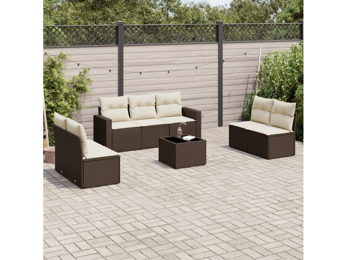 Vidaxl 8 Pcs Conjunto Sofás De Jardim C/ Almofadões Vime Pe Castanho