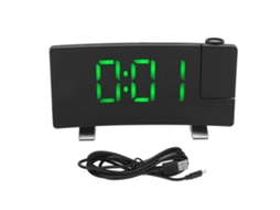 Despertador Baok-Clock com rádio-projetor, tela digital curva de LED, letras verdes e corpo preto.