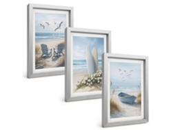 Um Conjunto De Imagens Decorativas Em Uma Moldurapraia, Pranchas De Surfe, Pássaros Moldura Prateada Pinturas De Quarto Espelharte (3 Peças 20x30 Cm)