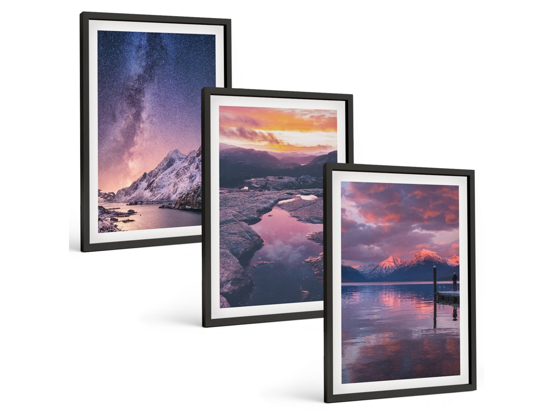 Galeria De Pinturas Murais Montanhas, Água, Belas Paisagens Moldura Preta Imagens Para Um Quarto Infantil Espelharte (3 Piezas De 40x60 Cm)