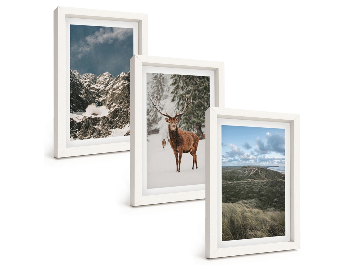 Composição De Quadros Montanhas, Neve, Veado, Paisagem De Floresta Moldura Branca Imagens Para Um Quarto Infantil Espelharte (3 Peças 20x30 Cm)