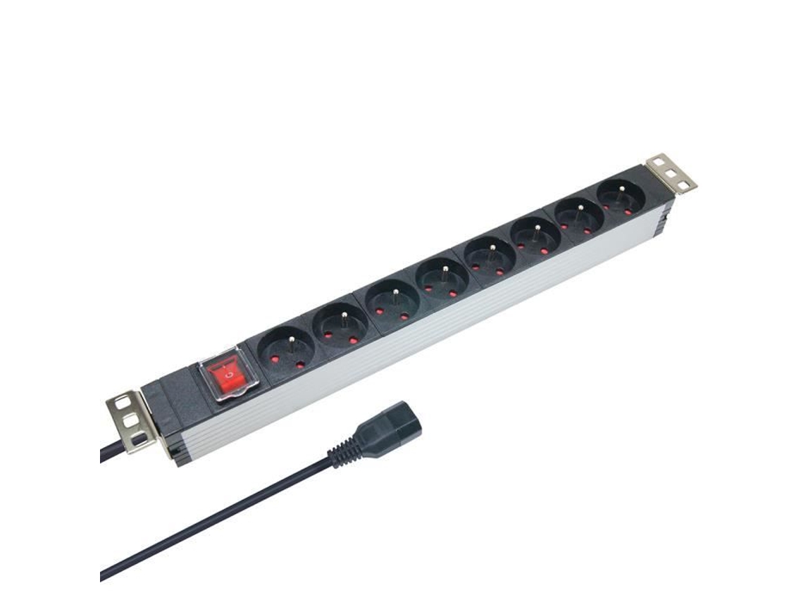 Bandeja multi-tomadas Waytex de 19 polegadas com 8 tomadas tipo E e interruptor, caixa de alumínio