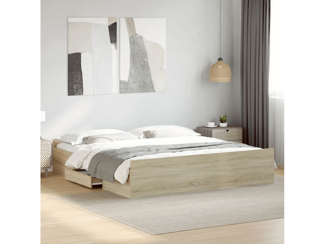 Cama De Casal | Camas Para Quarto | Estrutura De Cama C/ Gavetas Derivados Madeira Carvalho Sonoma