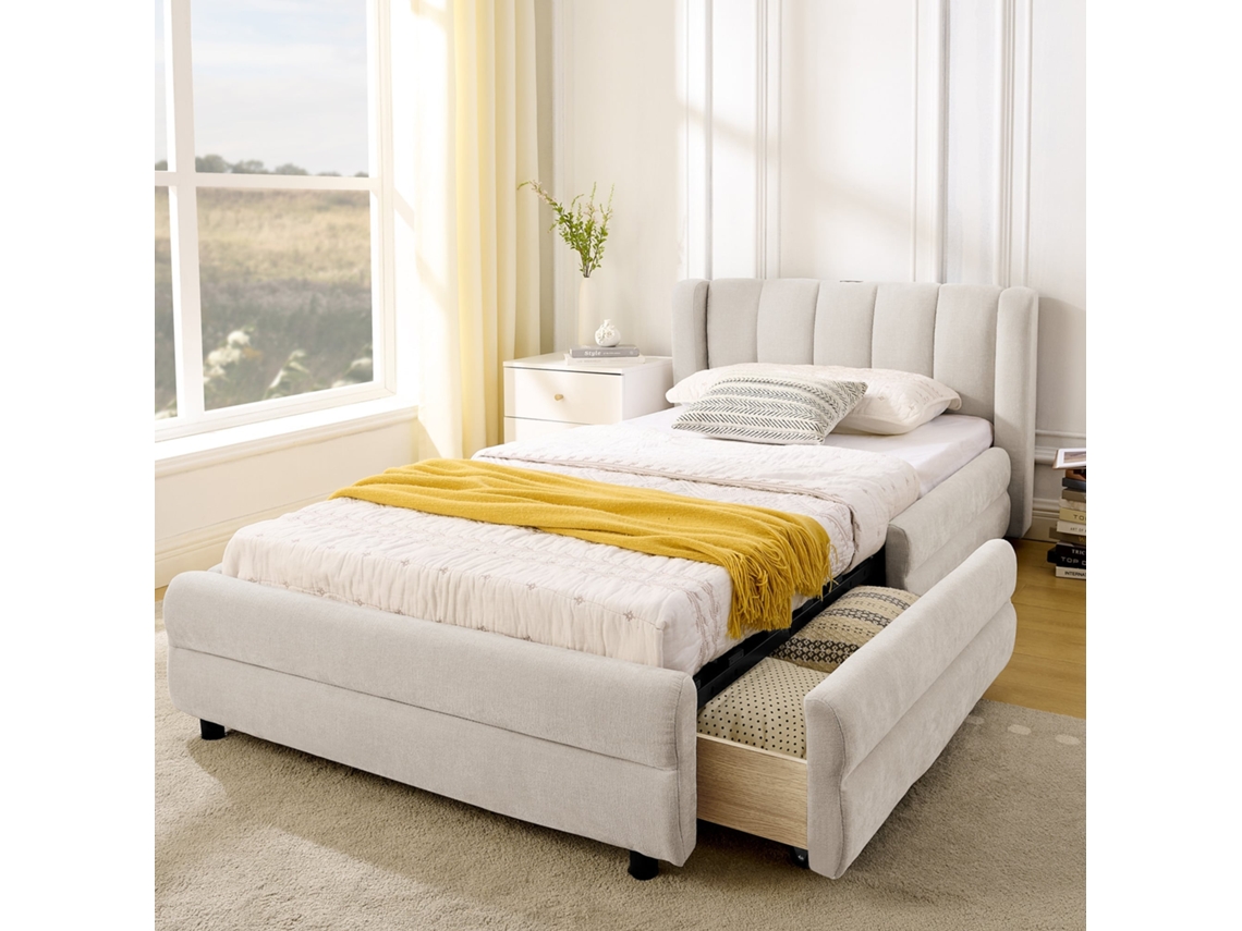 Cama Solteiro 90x200 Chenille Bege Arrumação Lateral Usb