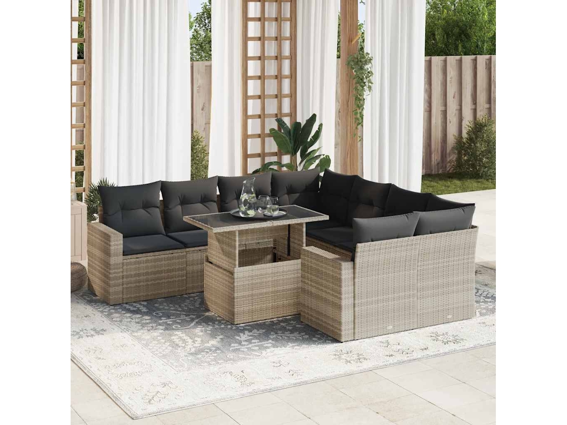 Vidaxl 9 Pcs Conj. Sofás Jardim Com Almofadões Vime Pe Cinzento-claro