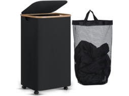 Cesto De Roupa Suja Com Rodas, 100l, Compacto Com Tampa, Alça De Bambu E Saco Removível, Para Organizar E Guardar Roupa Suja De Forma Prática