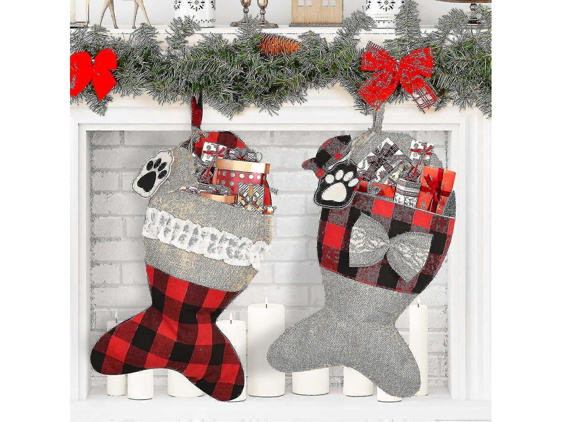 Meias De Natal Para Gatos De Estimao, Meias De Natal Grandes Em Juta Xadrez Em Formato De Peixe Para Lareira Hengjian