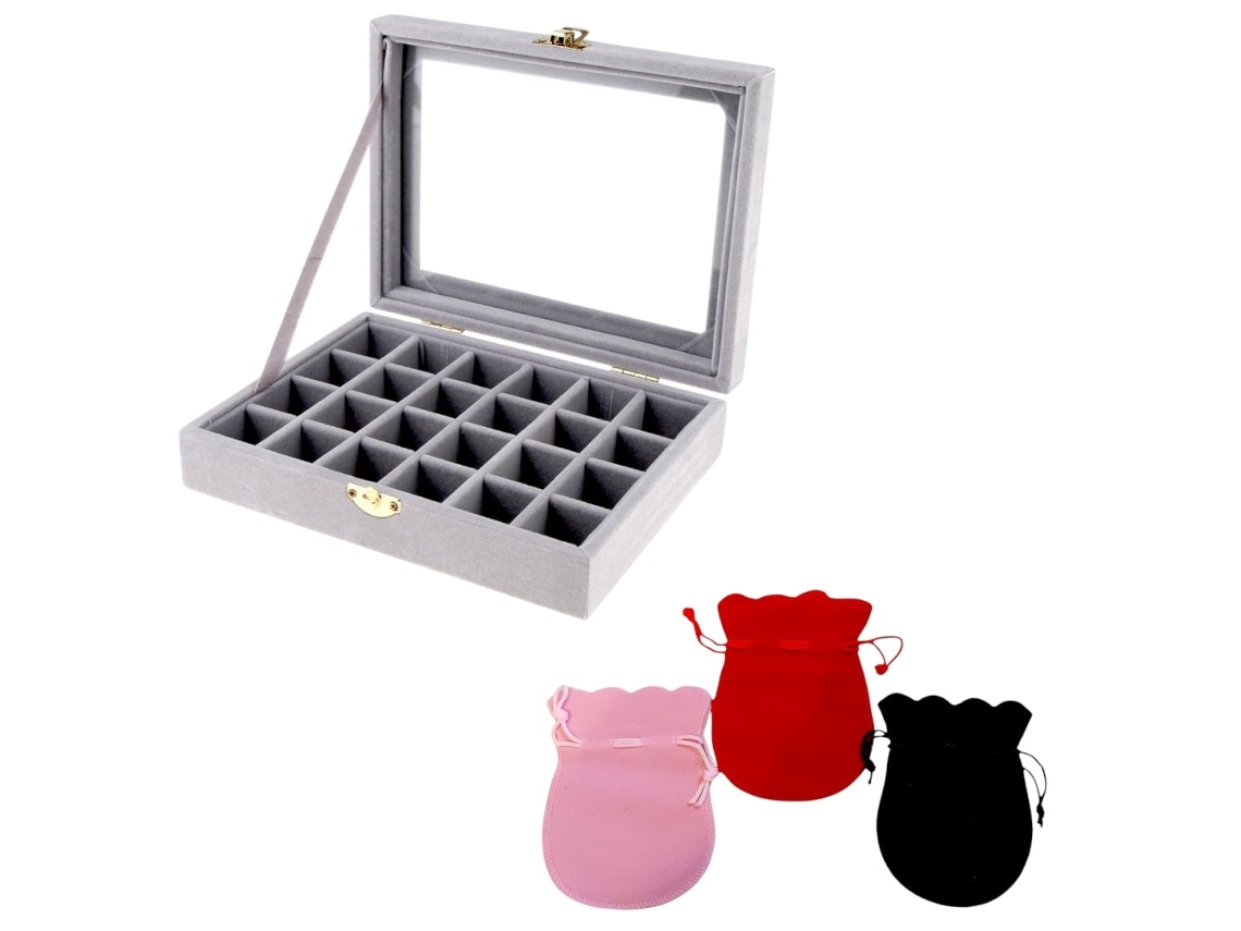 Caixa De Jóias 24 Compartimentos 20x15x5cm E Um Conjunto De 3 Bolsas De Carpete Com Neve 120x85mm