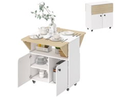 Mesa Dobrável com Armário e Rodízios (4 Rodízios, 2 Laterais Dobráveis, Compartimento, Branco+madeira Natural, 70x83x75cm)