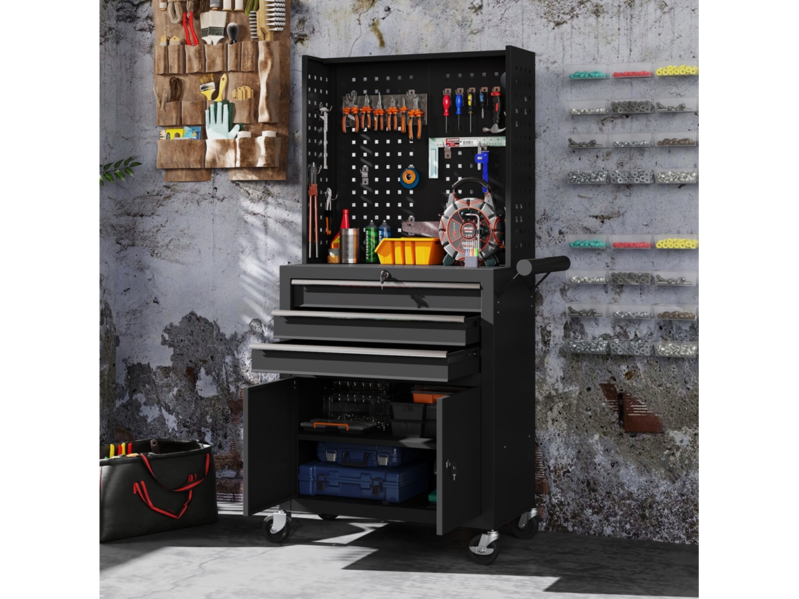 Carrinho organizador preto, 3 gavetas, painel perfurado, prateleira ajustável, fechadura, 69x33x133cm
